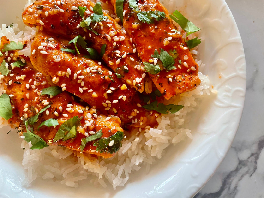 honey sriracha chicken over rice